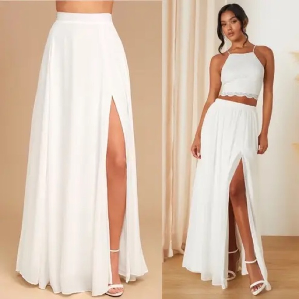 Lulu's White Maxi Skirt with High Thigh Slit